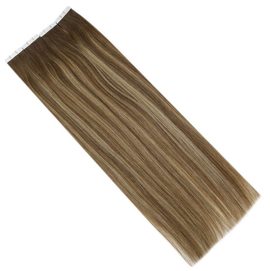 invisible tape in extensions balayage brown mixed with blonde