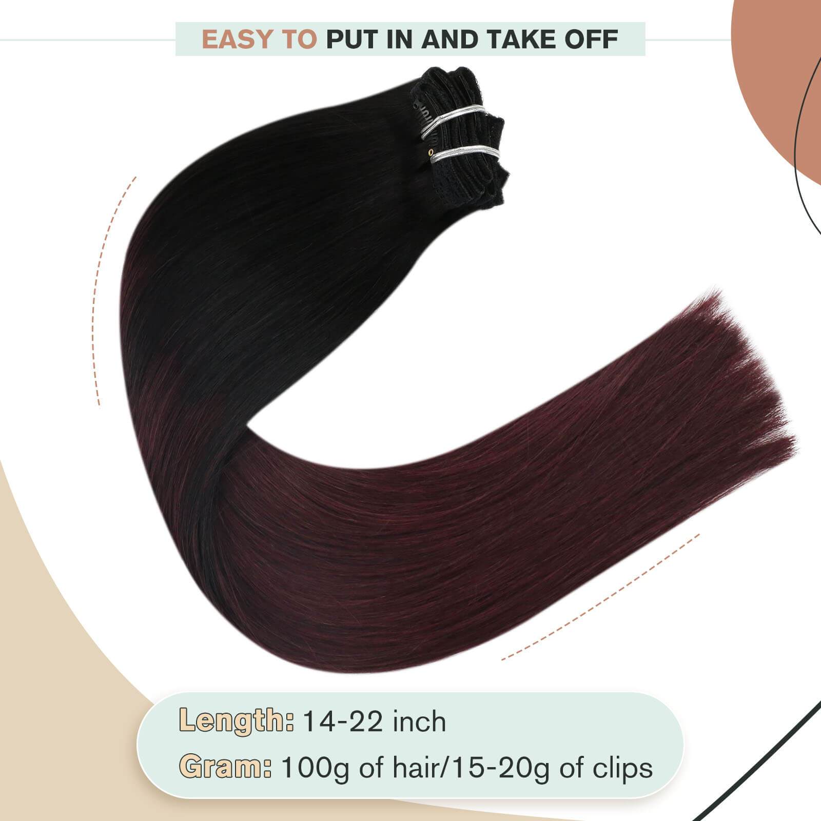 Balayage Hair Extensions 7PCS 120G Black to Red Wine Hair Extensions Clip in Hair Extensions