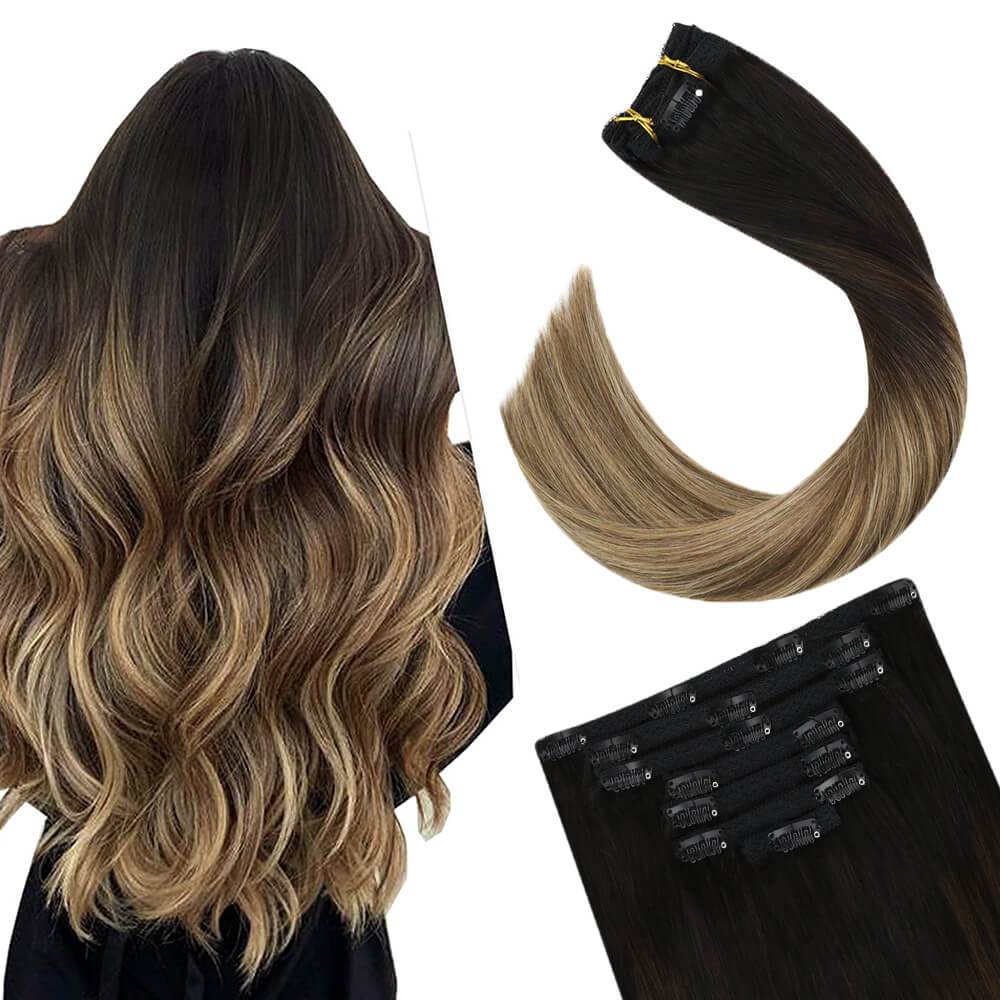 Balayage Extensions Clip in Human Hair Extensions Off Black to Brown with Blonde