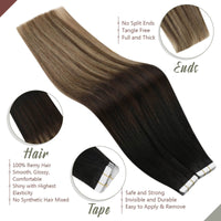 Real Hair Tape in Extensions Balayage Color Three Tones #1b/4/27-Ugeat