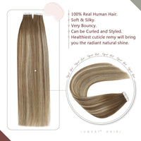 Glue on Real Human Hair Extensions Balayage Color #9A Brown Mixed with #60