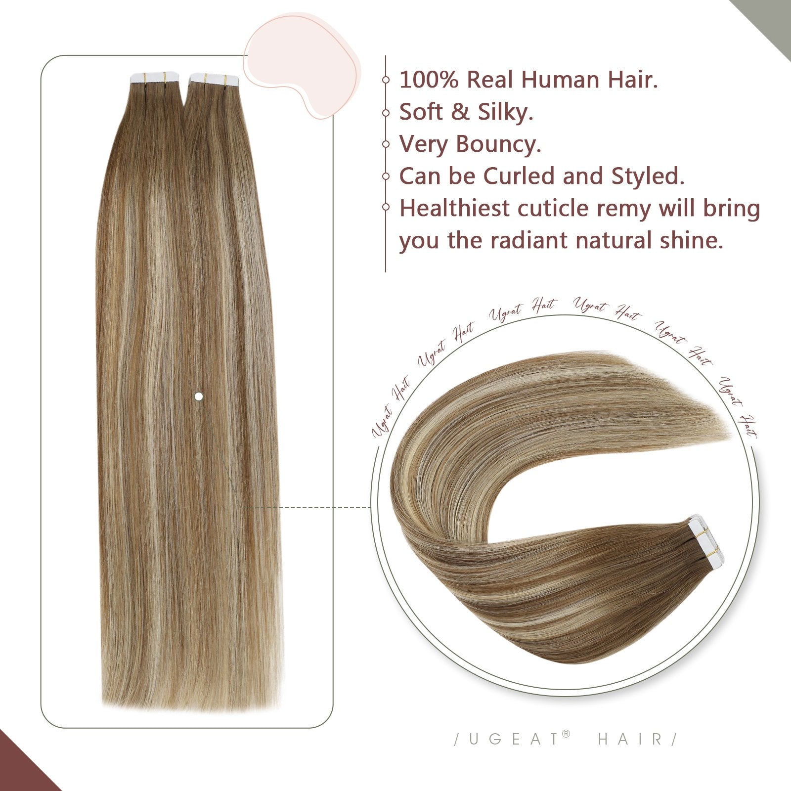 Glue on Real Human Hair Extensions Balayage Color 9A Brown Mixed with 60