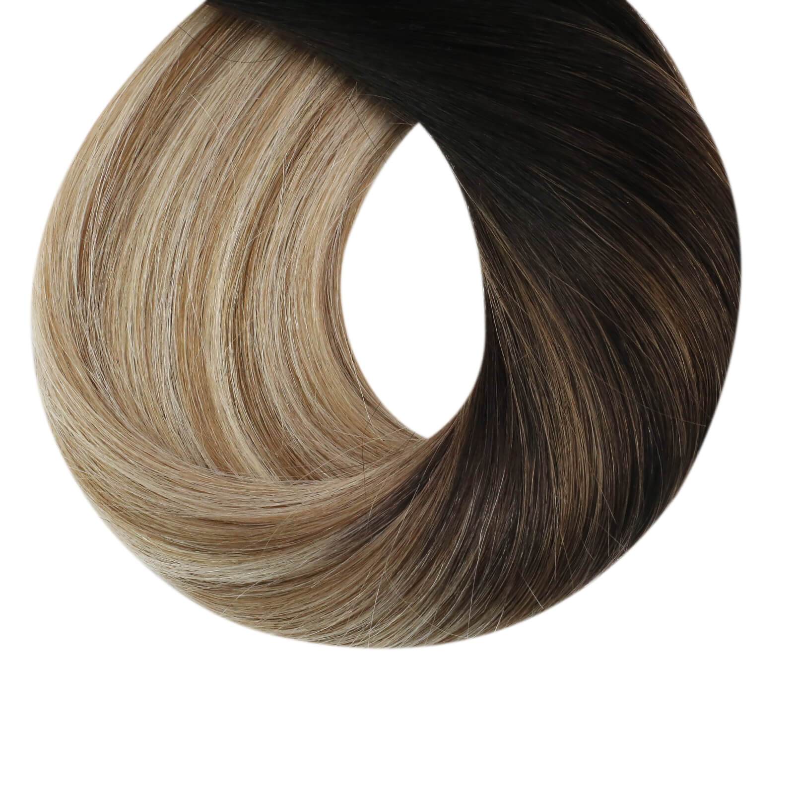 Silky Straight Hair Extensions Tape in 1B Black Fading to 10 Brown and 60 Blonde