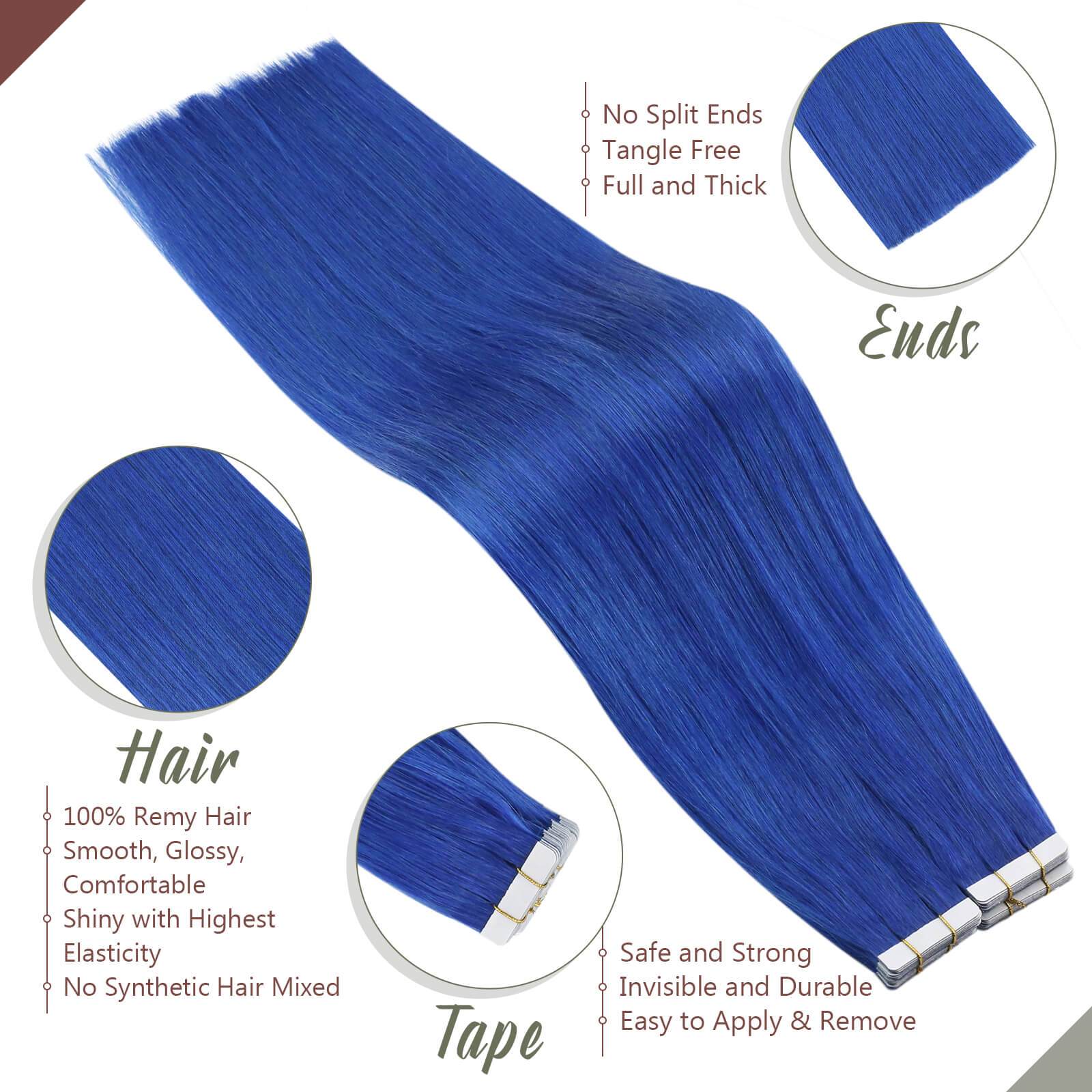 Tape on Hair Extensions Remy Hair Adhensive Hair on Sale Blue