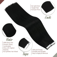 Jet black tape in human hair extensions