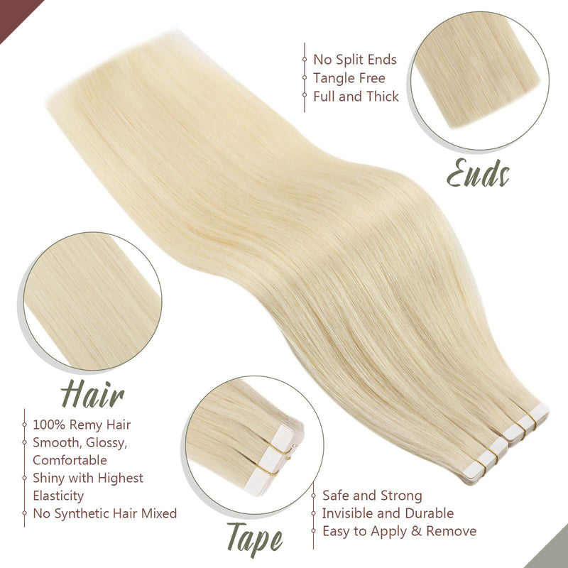 Real Hair Soft Color #60 Platinum Blonde Tape on Extensions