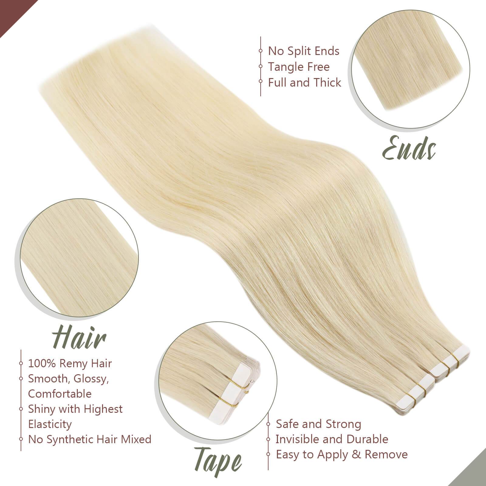 Real Hair Soft Color 60 Platinum Blonde Tape on Extensions