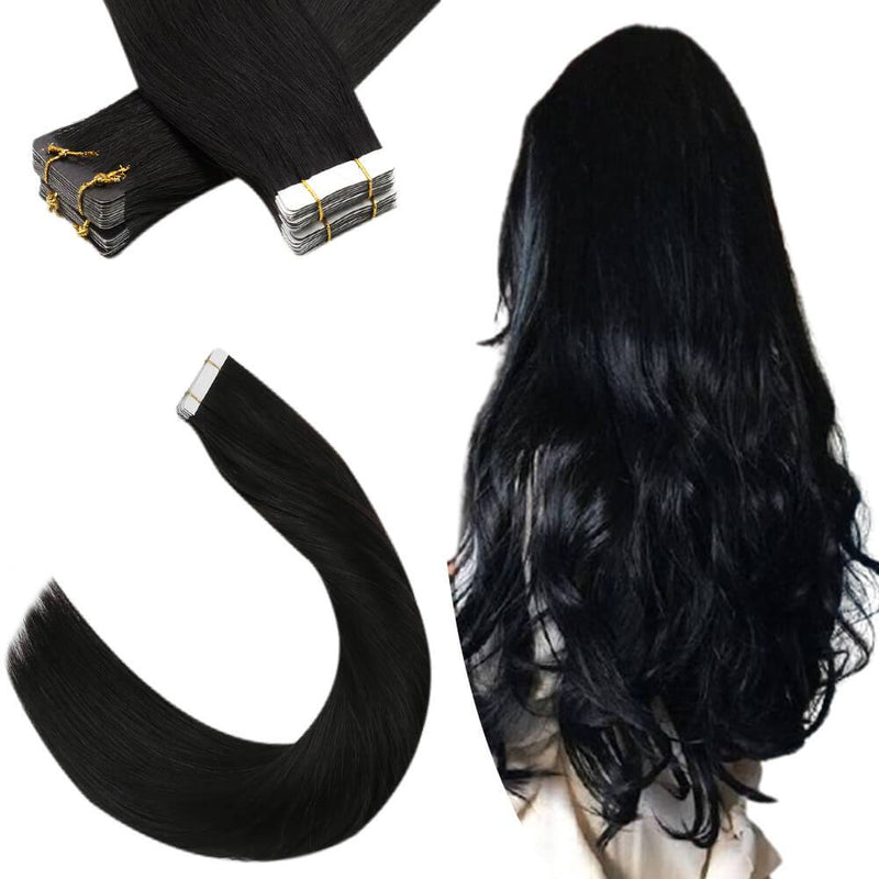 100% Virgin Human Hair Tape in Extensions Natural Black Pure Color #1b