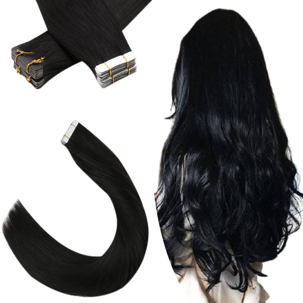 100% Virgin Human Hair Tape in Extensions Natural Black Pure Color 1b