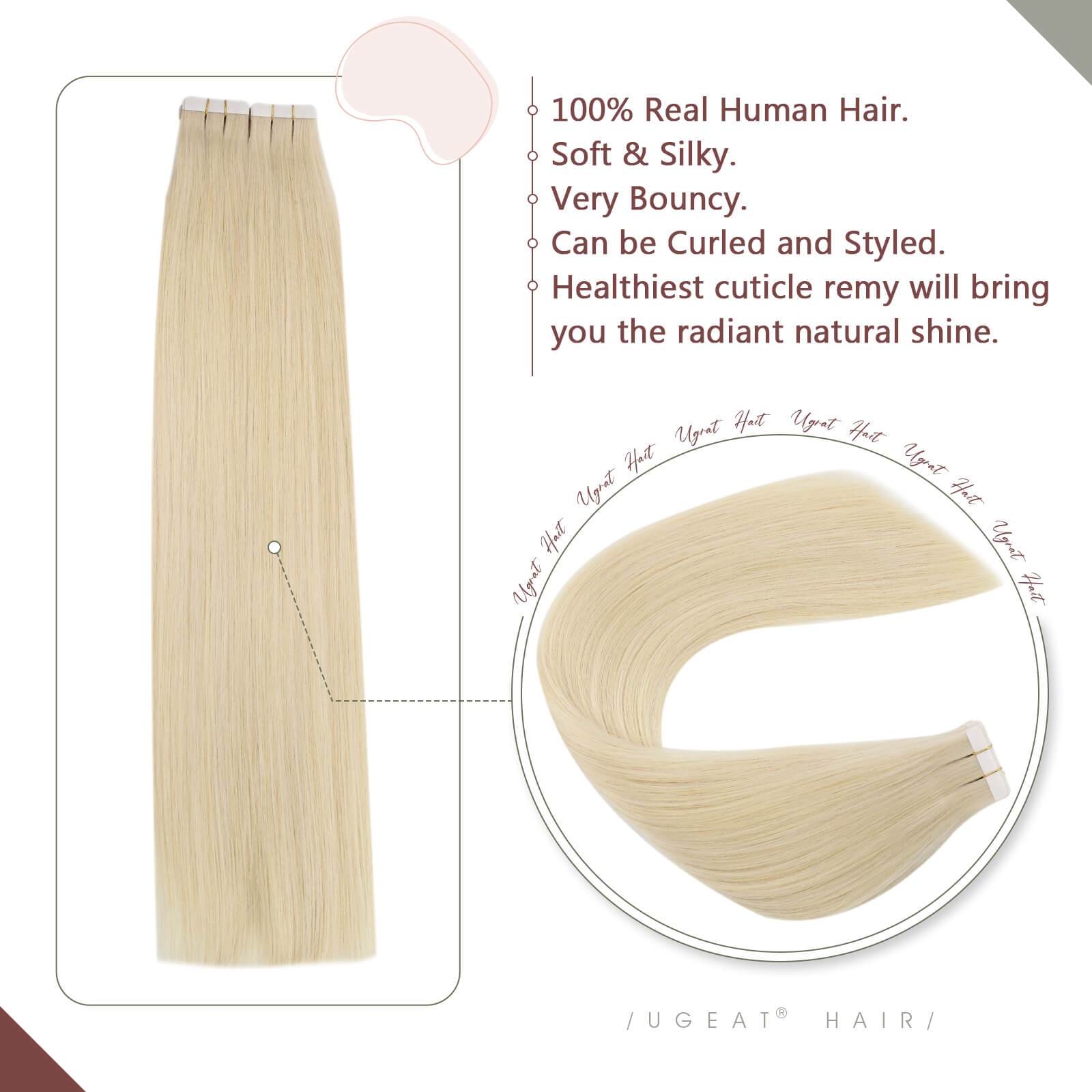 Human Hair Tape in Extensions Platinum Blonde Pure Color #60 Ugeat ...
