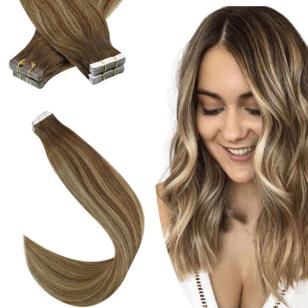Virgin Hair] Brown Hightlighted Tape in Real Human Virgin Hair Extensions 4/27