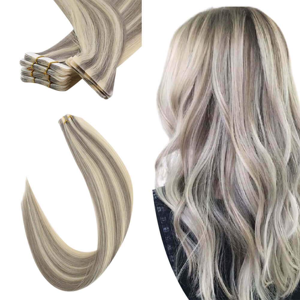 Seamless Injection Tape in Hair Extensions Virgin Hair Silver with Blonde P19a/60