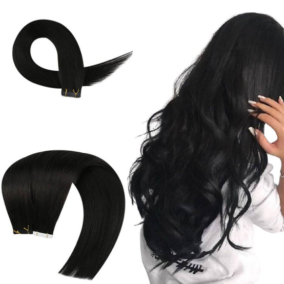 100% Virgin Human Hair Tape in Extensions Natural Black Pure Color 1b