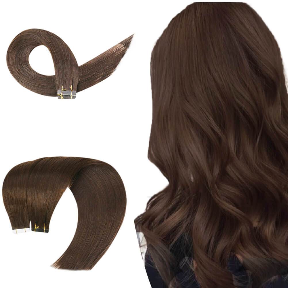100% Virgin Human Hair Tape in Extensions Chocolate Brown Color #4