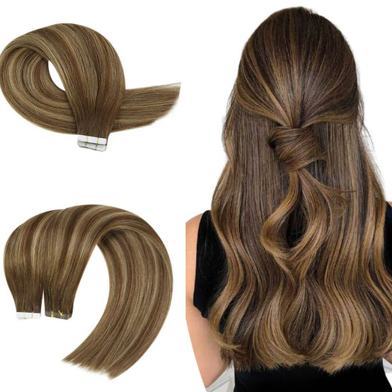 Brown Hightlighted Tape in Real Human Virgin Hair Extensions 4/27
