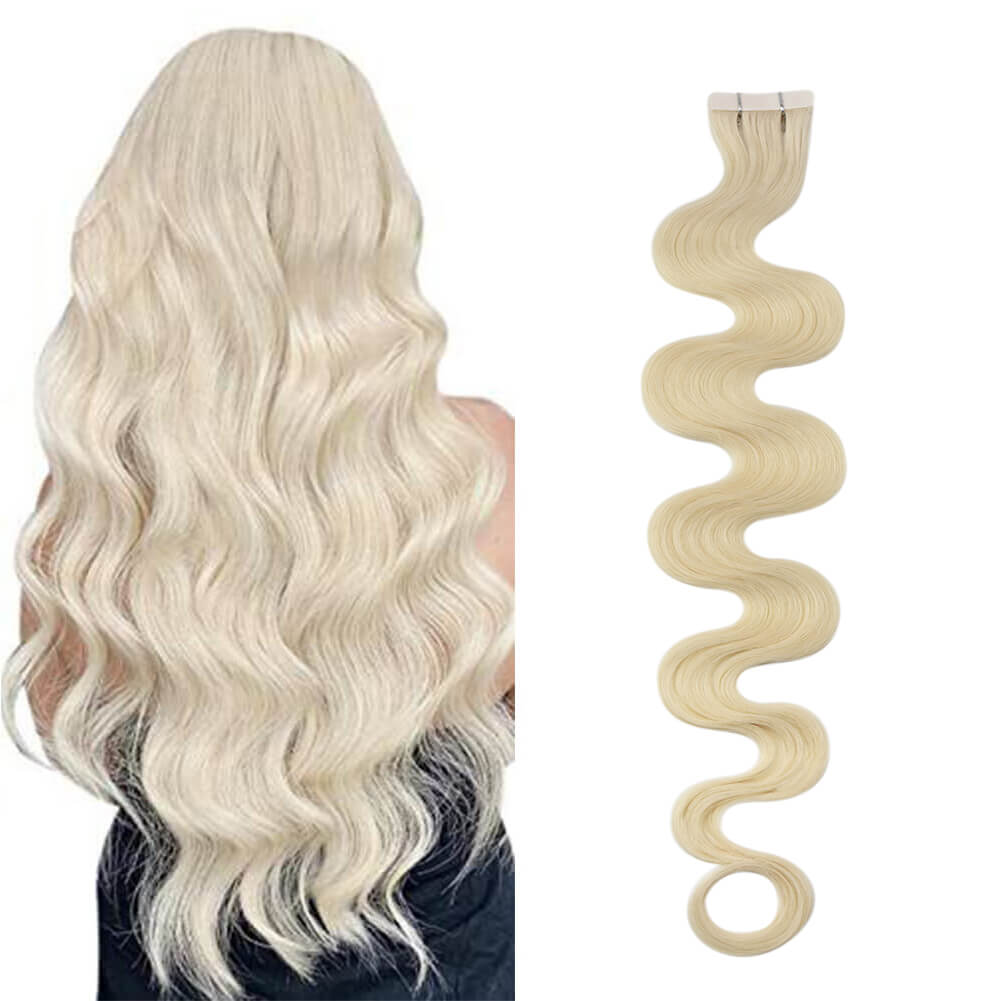 Body Wave Tape in Hair Extensions Human Hair Platinum Blonde